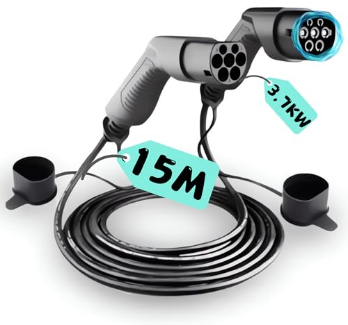 Loady Ladekabel Typ 2 3,7 kW | 15 Meter | 11 kW | 1 Phasen 16A | Extra langes Kabel für Auto EV/PHEV - Ladekabel für Elektrofahrzeuge Typ 2 Mennekes 1-Phasig - EV-Schnellladekabel - IP67