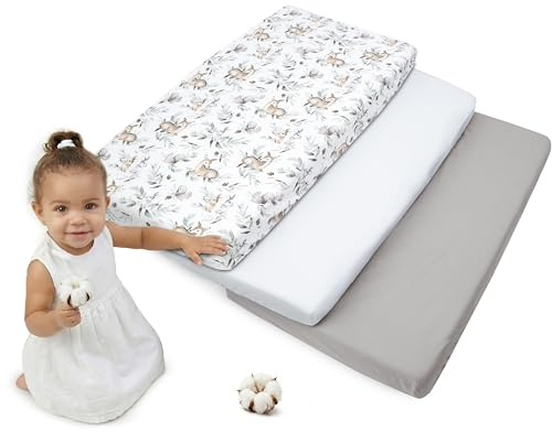 Medi Partners Dra-på-lakan 60x120 3-pack Babysänglakan Spjälsäng Dra-på-lakan 100% bomull - Dra-på-lakan för barn Sängkläder Babymadrass Sovsäck Babysäng (Deer in the Leaves-Vit-Grå)