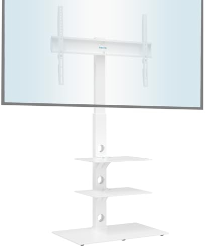 BONTEC Universal Floor TV Stand for 30-70 inch LED OLED LCD Plasma Flat Curved Screens, Height Adjustable Tall TV Stand with 3-Tier Tempered Glass Shelves up to 40KG, Max VESA 600x400mm (White)