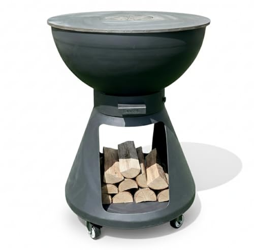 Tempo Style – Barbecue a Legna e Carbone Yucatán | BBQ Tondo in Acciaio Corten da Esterno & da Giardino con Griglia di cottura in Acciaio Inox 316 sp.1cm, Portatile con Ruote (Antracite)