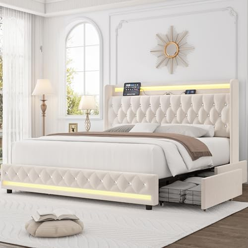 HIFIT King LED Bed Frame with Charging Station and 4 Storage Drawers, Velvet Upholstered Platform Bed with Handcrafted Crystal Button Wingback Headboard, Metal Frame with No Box Spring Needed, Beige