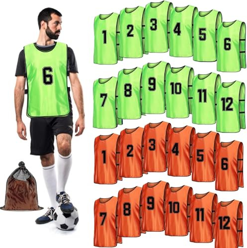 Lot de 24 bavoirs de football en maille pour adultes et jeunes - Gilet d'entraînement numéroté pour football, basket-ball, volley-ball - Orange et vert, multicolore, L