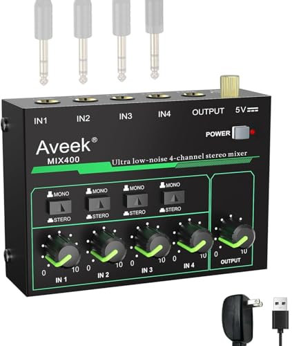 Aveek Mini Line Audio Mixer - Mezclador de Sonido de 4 Canales con Conmutación Estéreo/Mono y Funcionamiento con Poco Ruido para Submezclas de Precisión, Entrada/salida TRS de 1/4 Ideal para Micró