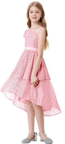 LOLANTA Robe Paillettes Filles Élégante, Étincelante de Soirée Fête de Mariage mi-Longue sans Manches, Rose, 9-10 Ans, 140