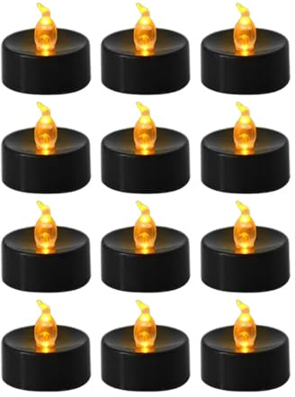 LOVIVER Lot de 12 Bougies Chauffe-Plat sans Flamme Noires à LED électriques pour décoration de fête à thème ou d'automne, Flash Jaune