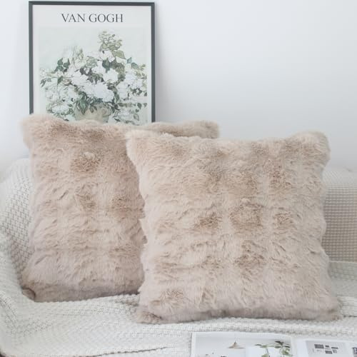 NIULAA Pack of 2 Thick Fluffy Faux Fur Housse de Coussin Doux Modern Moroccan Style Coussin Decoratif for Bedroom Sofa 40x40 Beige Taie Oreiller Rectangulaire