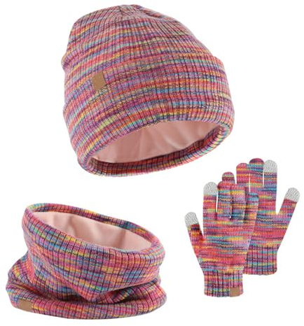 GWAWG Kids Winter Hat Scarf Gloves Set 3 PCS Warm Thermal Knitted Beanie Cap Snood Neck Warmer Touchscreen Mitten Soft Fleece Lining Elastic for Children Aged 5-12 Outdoor Sports (Multicoloured)