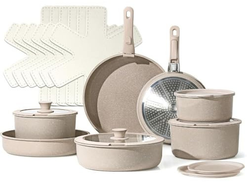 HJZSZX 21st löstagbart handtag grytor och pannset Nonstick induktionskokkärl Avtagbart handtag ugnssäkra kokkärl, taupe, 21st taupe set