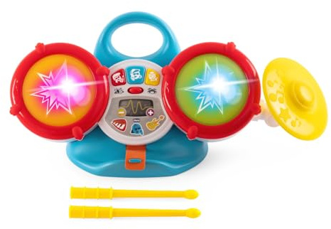 Chicco, Ma première Batterie, Jeu Musical électronique, Deux Tambours et Une cymbale, 2 Baguettes incluses, Plus de 35 Sons et mélodies, 5 Niveaux de Volume, lumières colorées, 3 Modes de Jeu, 18-36m