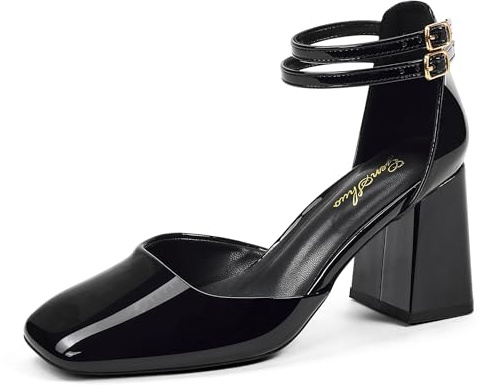 GENSHUO Scarpe Eleganti da Donna con Tacco a Blocco, Doppio Cinturino alla Caviglia, Punta Squadrata, Comodi Tacchi Alti, Vernice Nera, 37 EU