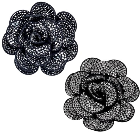 PH PandaHall 2 broches de rosas con diamantes de imitación de 6 cm para mujer, elegantes broches de flores grandes, pines de solapa para vestido, boutonniere, ropa de baile, fiesta de boda, negro/gris