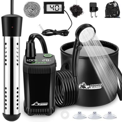 WADEO Douche Portable pour Camping avec Chauffage, Douche Camping Rechargeable Affichage LED Intelligent, Seau Pliable 20L, 4 Modes Pulvérisation, pour Voyage, Bain Animal, Lavage Voiture