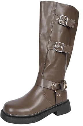 Knee Boots for Women Slouchy Motorcycle Riding Boots with Buckle Ladies Chunky Block Low Heel Round Toe Wide Mid Calf Booties Pull on Side Zipper Casual Comfortable Moto Biker Boot Footwear