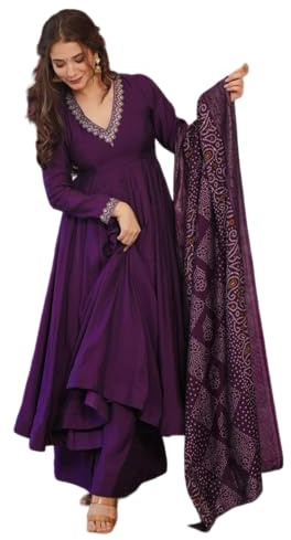 The Red Lion Enterprise Women's Long Anarkali Gown with Embroidered Dupatta Perfect for Weddings & Festive wear, Purple 0, S
