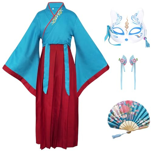 CRFASIBE Costume da Hanfu per Bambini, Set di 4 Pezzi Abito Tradizionale Cinese con Maschera Kitsune, Accessori per Capelli e Ventaglio Pieghevole, Perfetto per Feste e Carnevale(Blu Pavone, 130cm)