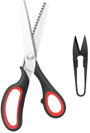 Tazoueoo Set di Forbici a Zig-Zag e Tagliafilo, Forbici da Cucito da 26 cm con Bordo Dentellato per Taglio Tessuti e Artigianato, Strumenti Professionali in Acciaio Inossidabile (Nero e Rosso)