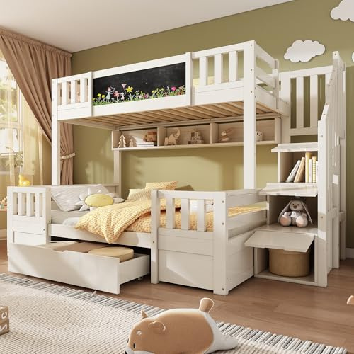 FammyLoft Bunk Beds for Kids, Staircase Bunk with Under-bed Drawers and Chalkboard, Children's Bed, Double High Sleeper Bed for Family with Multiple Children, 90/135 * 190 cm, White(No Mattress)