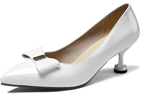 Gicoiz Senza Chiusura Kitten Scarpe Donna Vernice Bowknot Pumps Comodo Serata Tacco a Spillo Scarpe da Ufficio Appuntito Business Tacco Basso Bianco Numero 35 EU