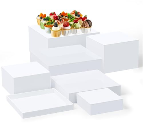 HEYOUTH Set de 7 elevadores grandes para buffet (15-30 cm) de acrílico – Cajas expositoras cuadradas con fondo hueco para mesas de postres, presentación de alimentos y suministros de catering (White)