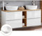 Lomadox Doppel-Waschtisch Set, Unterschrank Hochglanz weiß Wotaneiche, 2 Keramik-Waschbecken, 4 Softclose-Schubkästen, Regal, B/H/T ca.: 141/74,5/46 cm