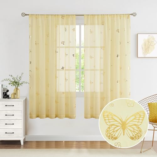 Jubilantex - Tende da finestra per bambini, 150 cm, colore: giallo con farfalle, per cameretta dei bambini, con 2 pannelli, per soggiorno, camera da letto