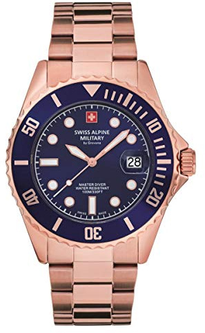 swiss alpine military 7053.1 Master-Diver Herren-Armbanduhr Analog Quarz Edelstahl, Rosa/Blau/Blau - 1165sam, Armband