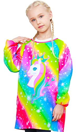 Sylfairy Kids Art Smocks for Painting, Waterproof Artist Rainbow Unicorn Aprons Paint Smocks Toddler Apron Smock for Child (Rainbow, Medium,3-7 Years)