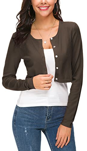 Mujeres Casual Manga Larga Bolero Cuello Redondo Corta Cárdigan Elástico Suéter de Punto Shrug con Botones (L, Café)
