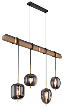 Globo 4 flammige Rauchglas Pendelleuchte BLACKY mit Holzbalken, Metall schwarz matt