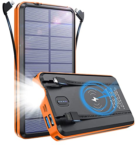 Power Bank Wireless 26800mAh Portable Charger Solar Battery Pack with Built in Cables 2 Outputs & LED Flashlight for iPhone and Samsung Smartphone