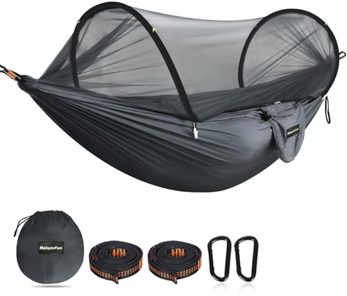 NATUREFUN Amaca da Campeggio da Viaggio| capacità di Carico 300kg,(275 x 140 cm) Traspirante Nylon da Paracadute| 2 x Moschettoni Premium,2 x Corde in Nylon Incluse |per Esterno Interno Giardino