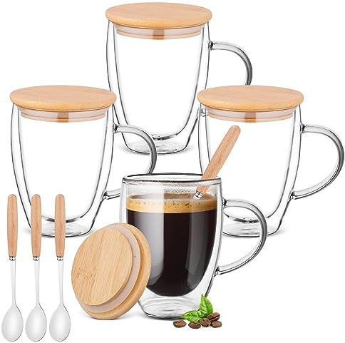 Bossjoy 4 Pack Glass Coffee Mugs with Bamboo Lid/Spoon, Double Walled Insulated Layer Coffee Cups, 12 OZ Clear Glass Mugs for Latte, Cappuccinos, Tea, Juice, Hot/Cold Drinks (350ml)