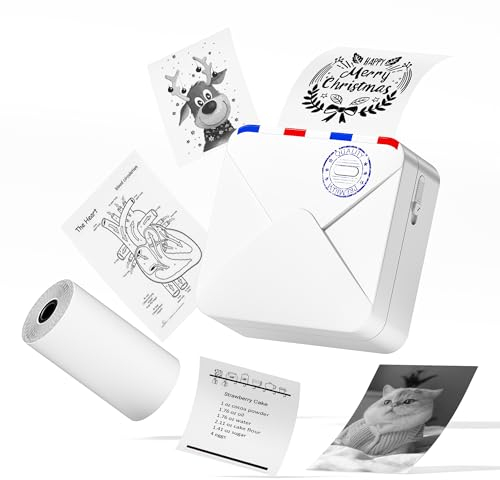 ASprink M02S Mini Drucker für Smartphone, 300DPI Etikettendrucker Bluetooth mit Einer Thermodrucker-Papierrolle, Fotodrucker für Smartphone Kompatibel mit iPhone & Android - Weiß