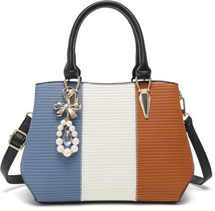 Miss Lulu Women Designer Top Handle Bag Fashion Colour Block Shoulder Bag with Pearl and Crystal Style Drop