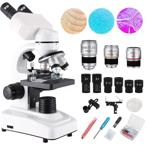 Levhorzn Microscopio binocular para adultos y niños, microscopios 64X-6000X, lente de 3 objetivos, iluminación LED dual de cuerpo metálico, kit de microscopio compuesto biológico para laboratorio