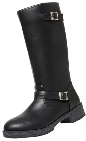 liaddkv Bottes d'équitation larges en cuir pour femme - Bottes hautes au genou avec boucle - Bottes de cyclisme - Bottes de cyclisme - Bottes de moto gothiques en cuir - Bout rond - Bottes western -