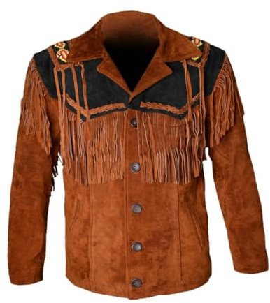 Rumble Products Chaqueta tradicional occidental para hombre, estilo vaquero, hecha a mano, piel de ante con cuentas de flecos, Marrón, 4X-Large