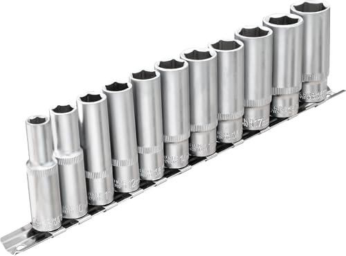 DAKCOS 11PCS Hex Long Socket Set,3/8 Drive Metric Deep Socket, 8-19mm Socket Set with Metal Rail for Home Car Repair & DIY, CR-V, 63mm Long