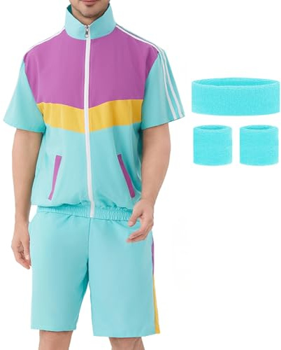 Coseaon Conjunto deportivo de los años 80 para hombre, conjunto de chaqueta de manga corta y pantalones cortos, estilo retro con bloques de color para hombre, trajes para fiestas (EE.UU., Alpha, XXL