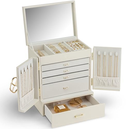 Vlando Portagioie grande, francese, a 6 livelli, grande XXL, con specchio, cassetti, portagioie da donna, portagioie per orecchini, collane, orologi, (beige)