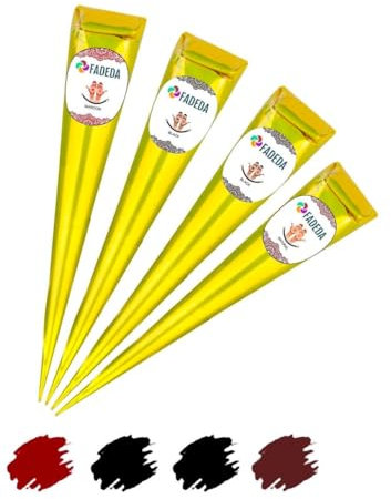 FADEDA 4 cônes de henné - 4 x 25 g de pâte naturelle - 2 x noir, 1 x marron, 1 x marron - 100 % végétal - Prêt à l'emploi et sans PPD - Végétalien - Bio - Halal - Mehandi