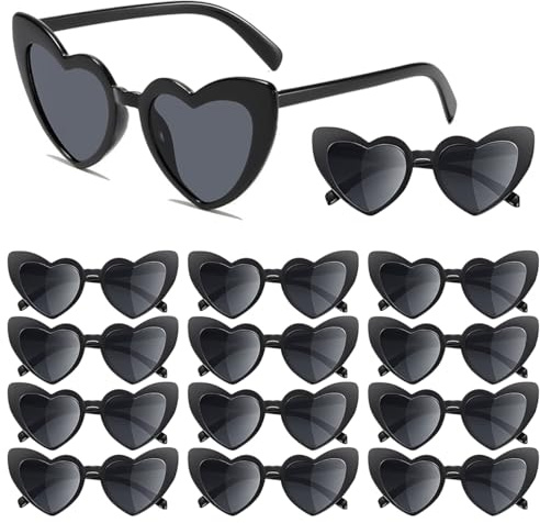 JNEYVIC 12 Pcs Gafas de Sol de Corazón Negras Gafas de sol Plastico UV375 Gafa Vintage en Forma de Corazón para Mujer y Hombre para Fiesta de Cumpleaños, Despedida de Soltera/Boda/Dama de Honor/Fotos