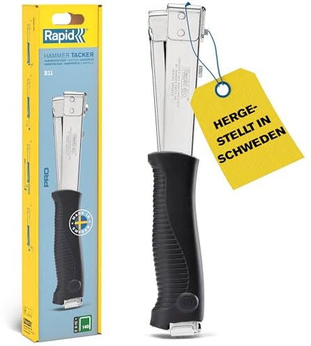Rapid Pro R11 Graffatrice a Martello in Acciaio per Fissare Moquette, Tappetini in Gomma Piuma e Feltro al Legno, Contiene fino a 170 Graffette Piatte n. 140 da 6-10 mm, Scatola Appendibile (5001694)
