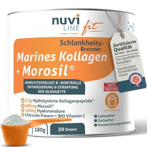 Nuviline Fit - Collagène Marin Minceur - Collagène Hydrolysée En Poudre - MOROSIL® 400 + Acide Hyaluronique + Fibres + Vitamine C BIO - Perte de poids - Fabriqué en France - 180g (30 doses)