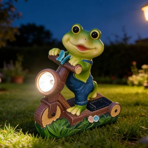 VEGOATY Statua a forma di rana: decorazione solare per esterni, resistente alle intemperie e durevole, su uno scooter, scultura di animali in resina con LED per la casa e la mamma