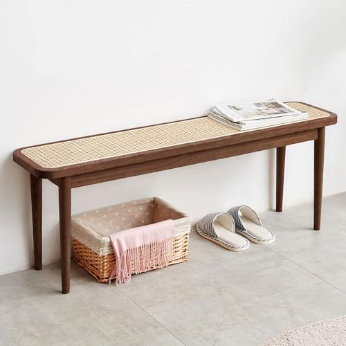 YESWOOD Solid Oak Wood Bench with Rattan Seat, Walnut Finish Entryway Bench for Hallway & Bedroom, Modern End of Bed Bench with Handwoven Rattan Seat, FAS Oak Wood Bench