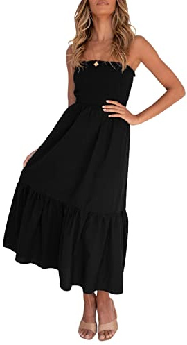 ZESICA Women's Summer Boho Strapless Maxi Dress 2026 Casual Off Shoulder Smocked Solid Flowy A Line Beach Long Dresses,Solid Black,Small