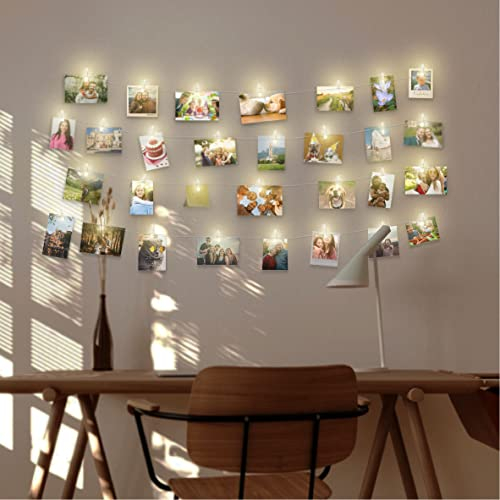 LAC FUTURE Photo Clip String Lights 5M/16.4ft 50 LED with 30 Pegs - Battery-Operated Fairy Lights with Pegs for Photo Display and Bedroom Wall Decor