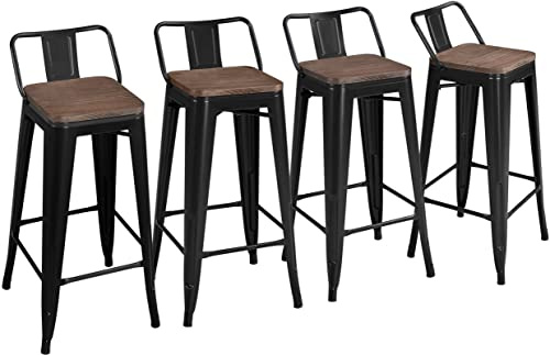 Yaheetech 30 Metal Barstools Set of 4, Industrial Bar Height Bar Stools with Wooden Top and Low Back, Metal Chairs for Indoor Outdoor Use, Matte Black