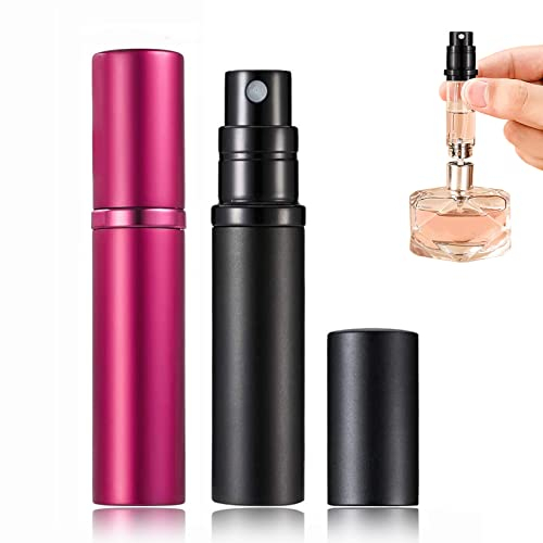 POTWPOT Refillable Travel Perfume Atomizer, 2 Pack Perfume Atomiser Refillable Bottles Leakproof Travel Perfume Bottle for Men and Women with 5ml Pocket Size (Black & Rose Red)